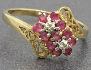 Diamond & Pink Ruby 9ct Yellow Gold Filigree Ring