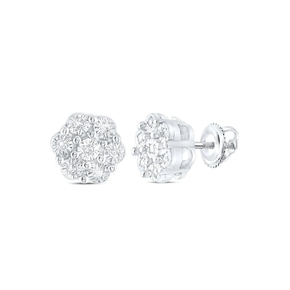 Diamond Stud Flower Earrings 925 Sterling Silver Screw Back