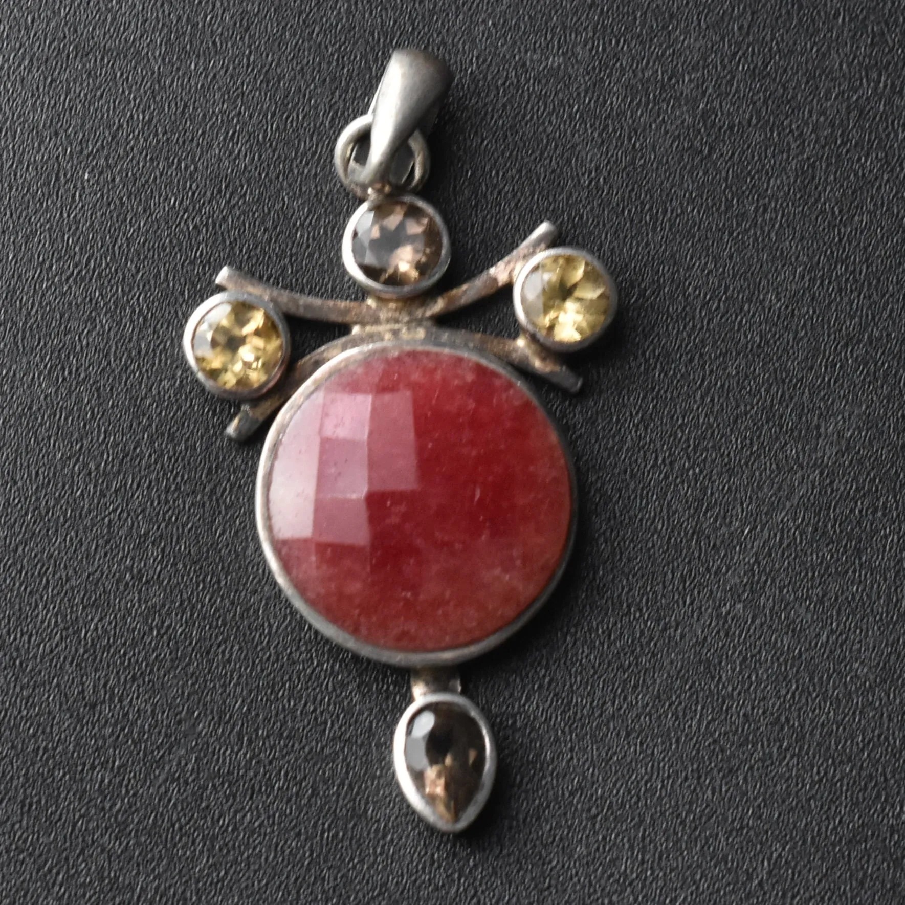 Elegant Faceted Pink Jade,Citrine and Smoky Quartz 925 Silver Pendant