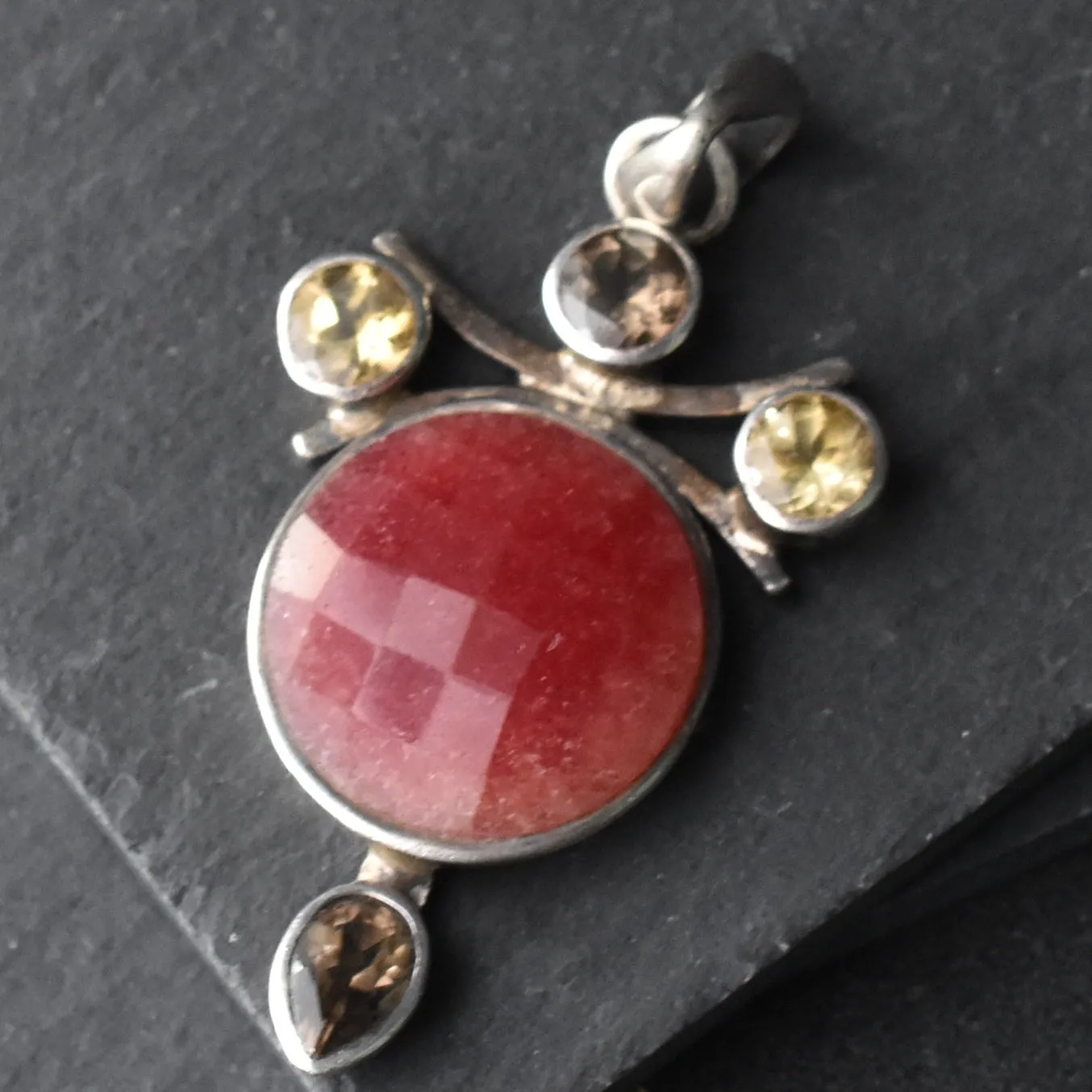 Elegant Faceted Pink Jade,Citrine and Smoky Quartz 925 Silver Pendant