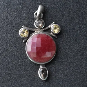 Elegant Faceted Pink Jade,Citrine and Smoky Quartz 925 Silver Pendant