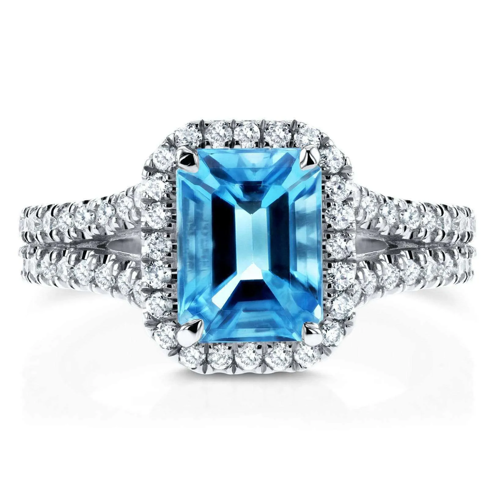 Emerald Cut Swiss Blue Topaz and Diamond Halo Split Shank Ring 2ct CTW 14k White Gold