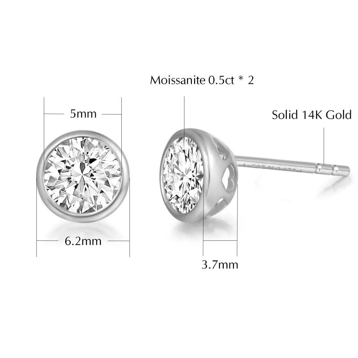 FANCIME 1 CTTW Moissanite Bezel 14K Solid White Gold Stud Earrings