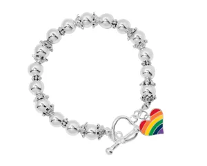 Gay Pride Heart Rainbow Charm Silver Beaded Bracelets