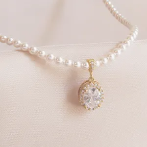 Gold Oval Cubic Zirconia Pearl Necklace