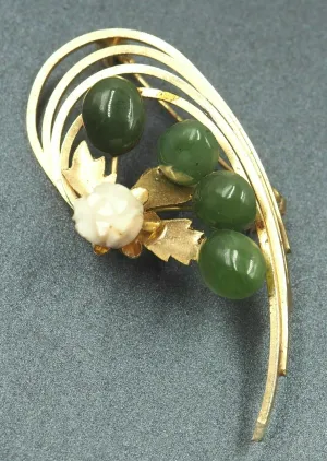 Gold Plated Nephrite Jade & Chalcedony Brooch