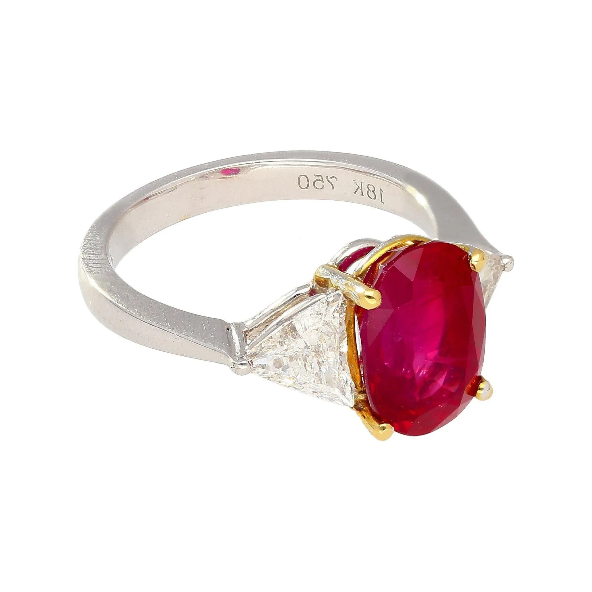 Gubelin Certified 4.47 Oval Cut Ruby with Trillion Cut Diamond Sides in 18K White Gold Ring