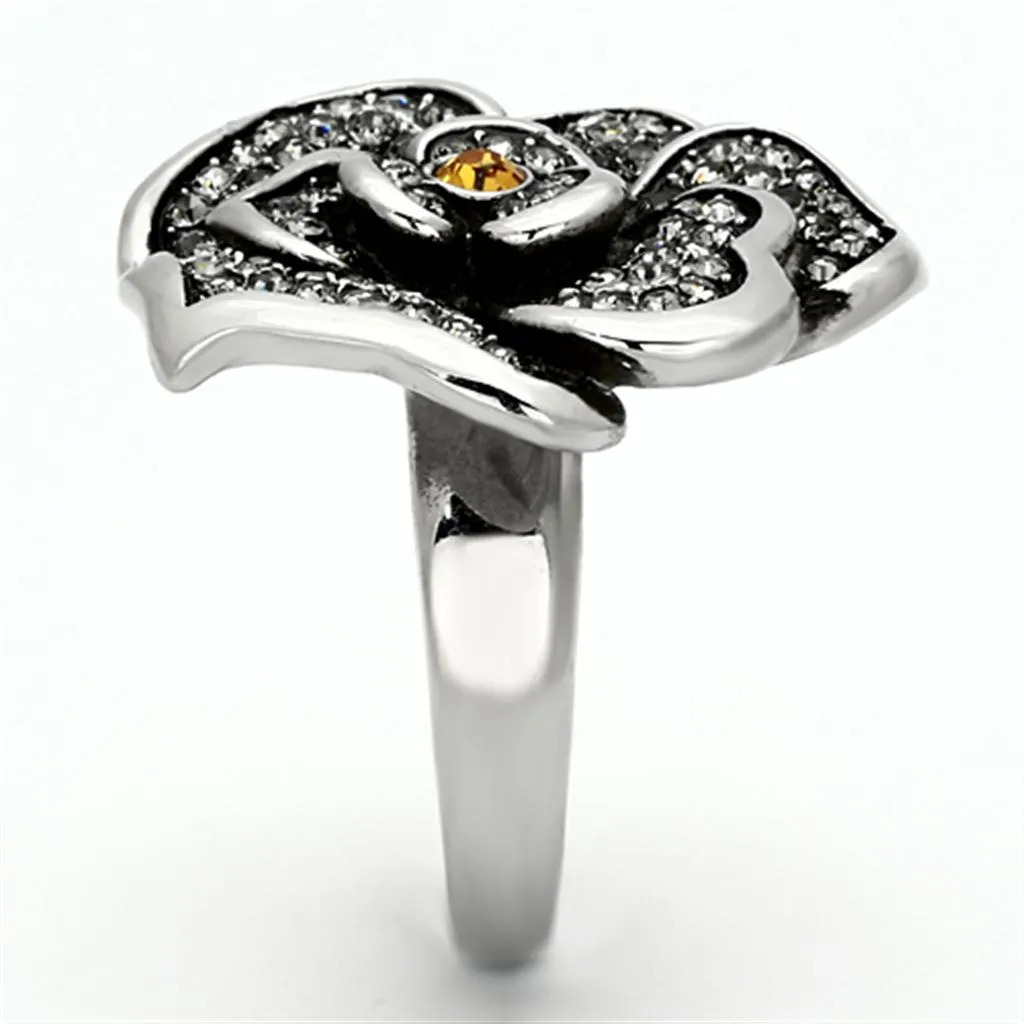 High polished (no plating) Stainless Steel Ring with Top Grade Crystal in Topaz for Women Style TK924