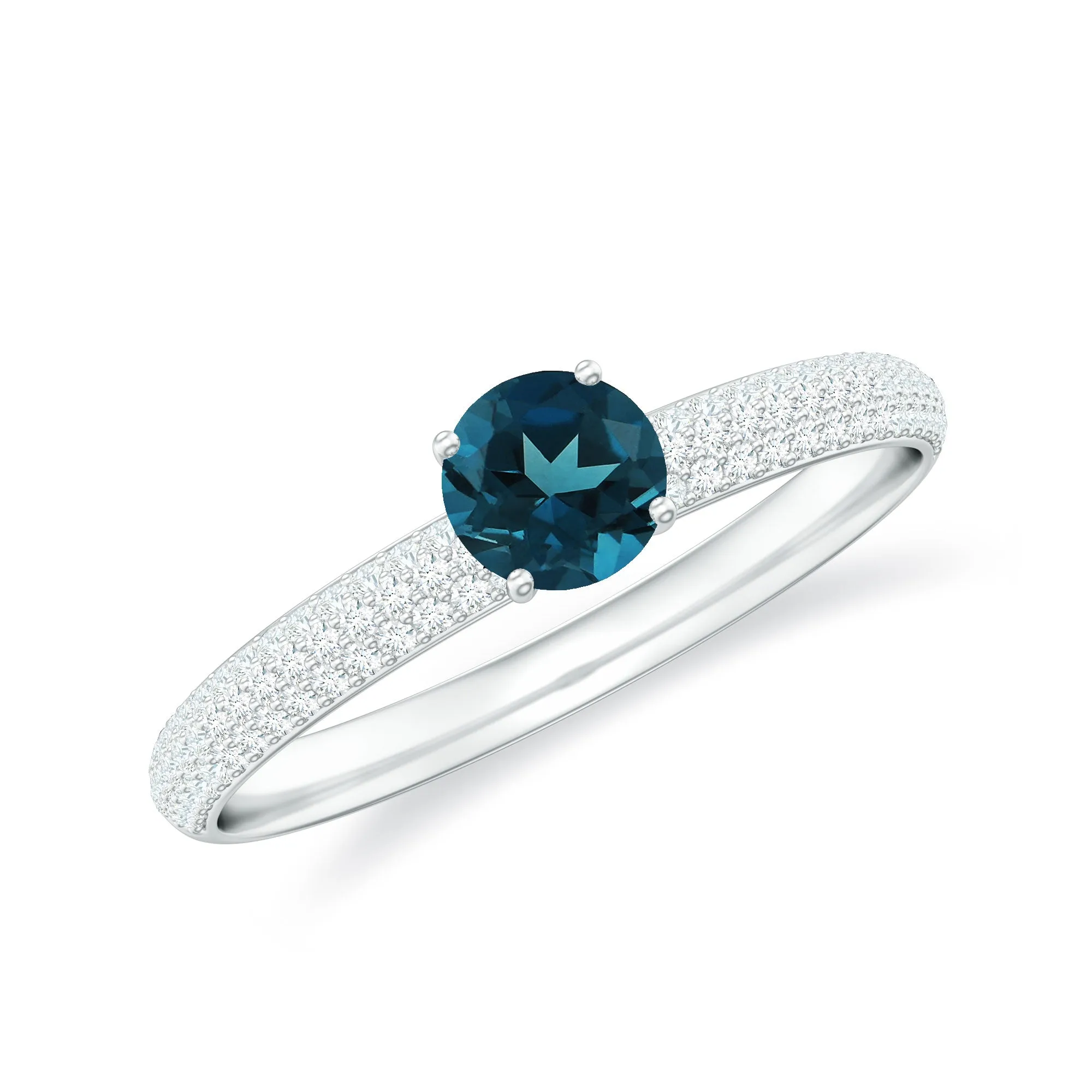 London Blue Topaz Solitaire Ring with Diamond Side Stones