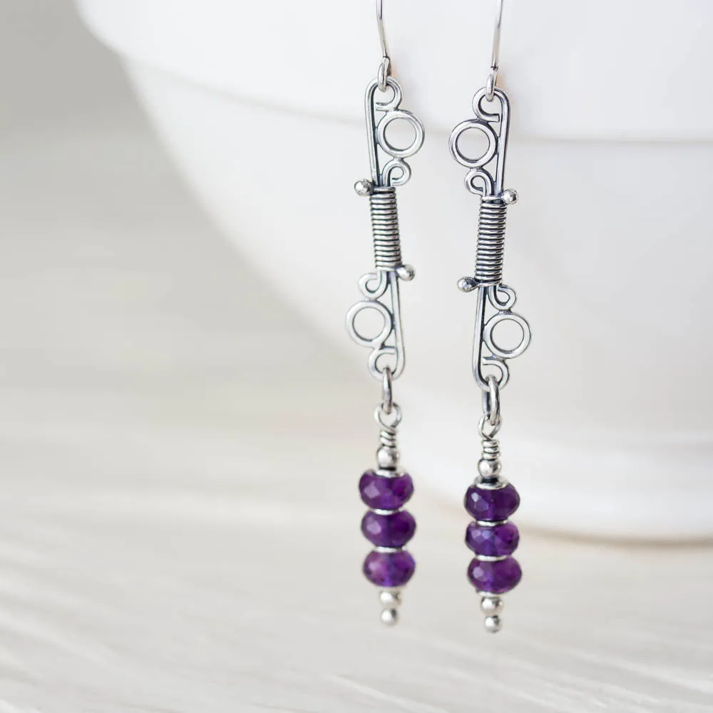 Long Amethyst Earrings, Wire Wrapped Gemstone, Sterling Silver