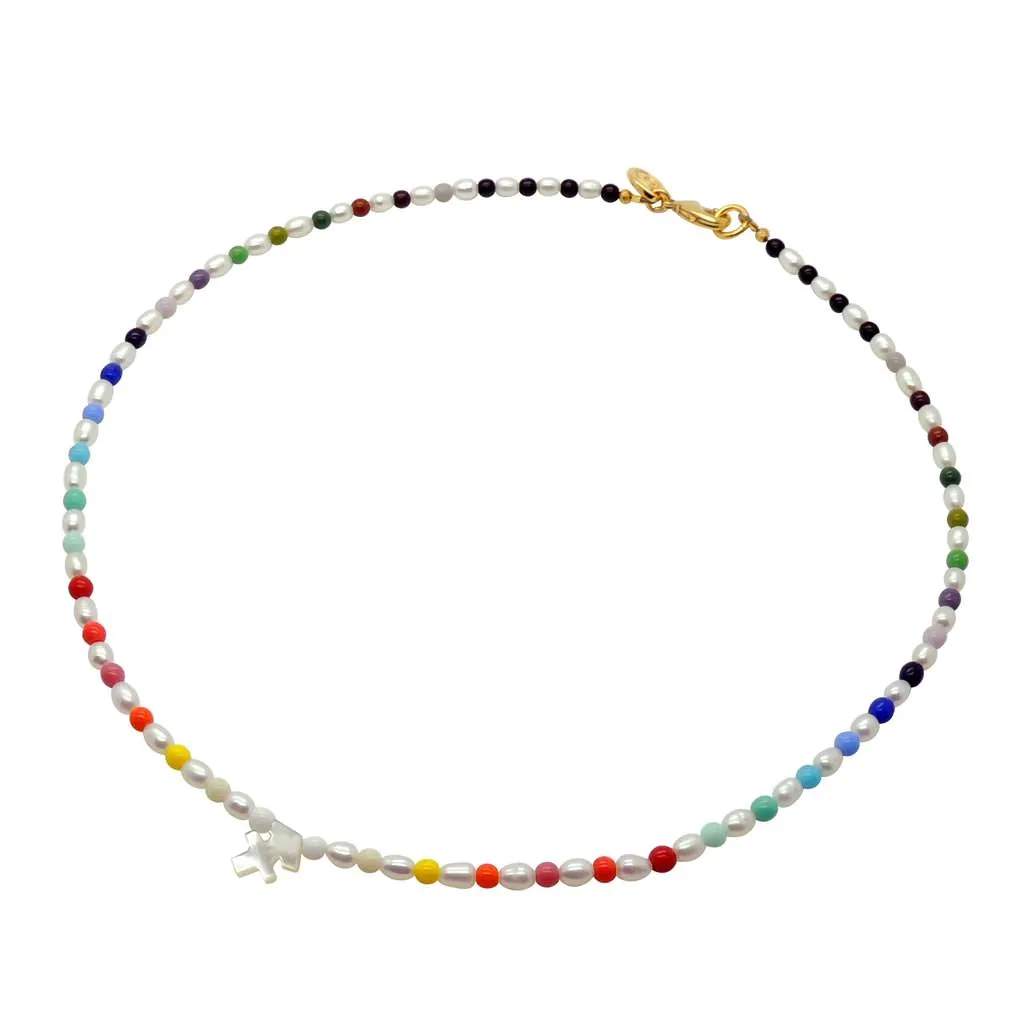 Mother of Pearl Shell Zodiac Symbol Freshwater Pearl Rainbow Glass Bead Necklace