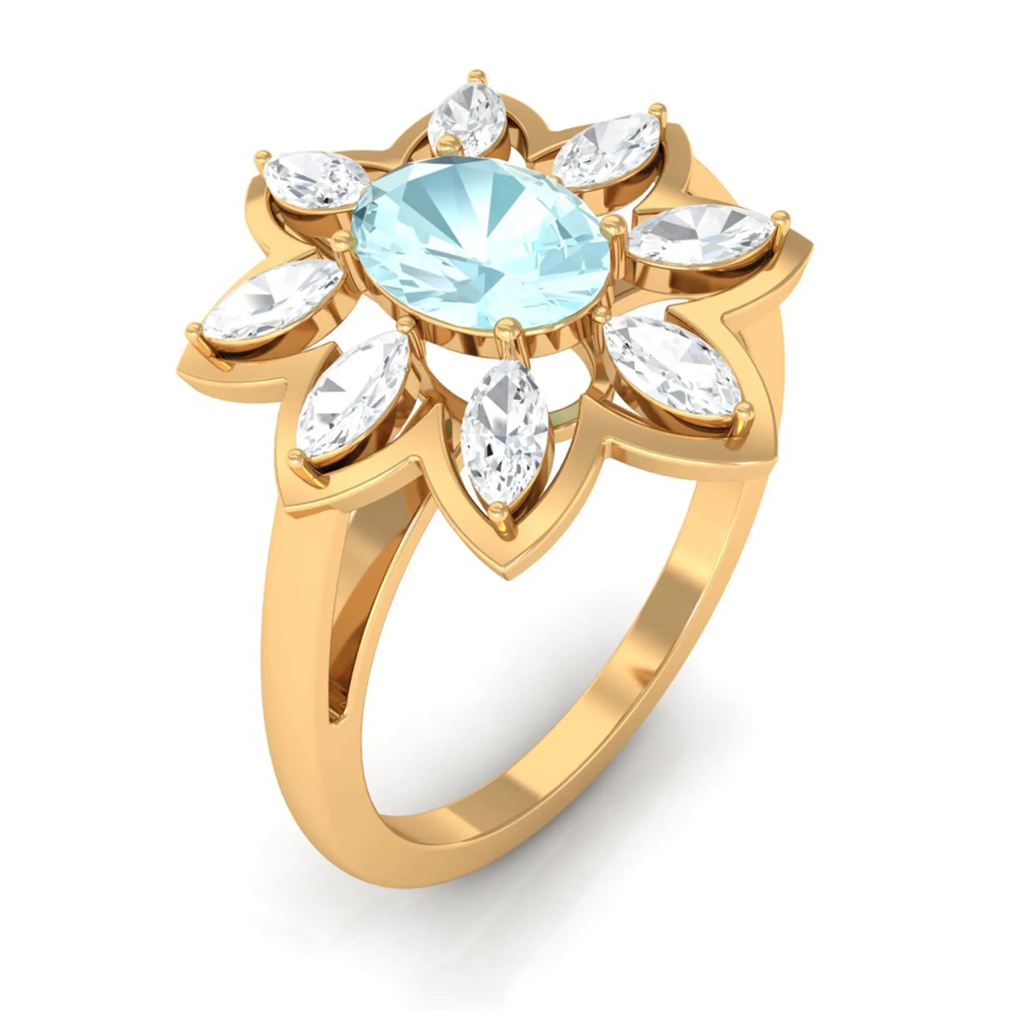 Oval Sky Blue Topaz and Moissanite Cocktail Flower Ring