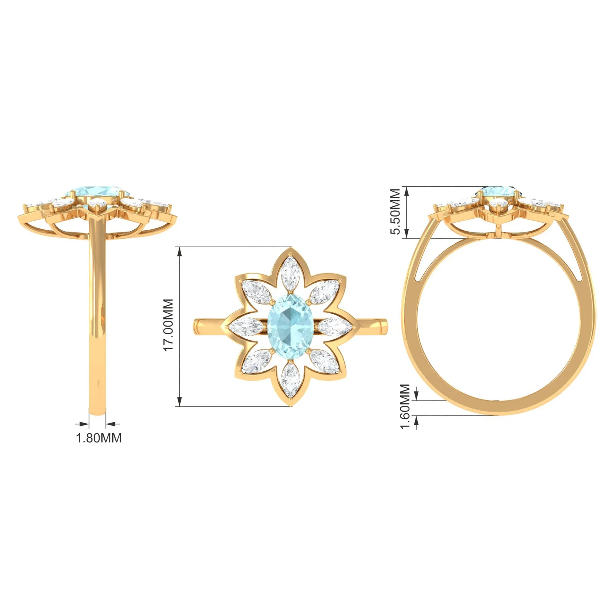 Oval Sky Blue Topaz and Moissanite Cocktail Flower Ring