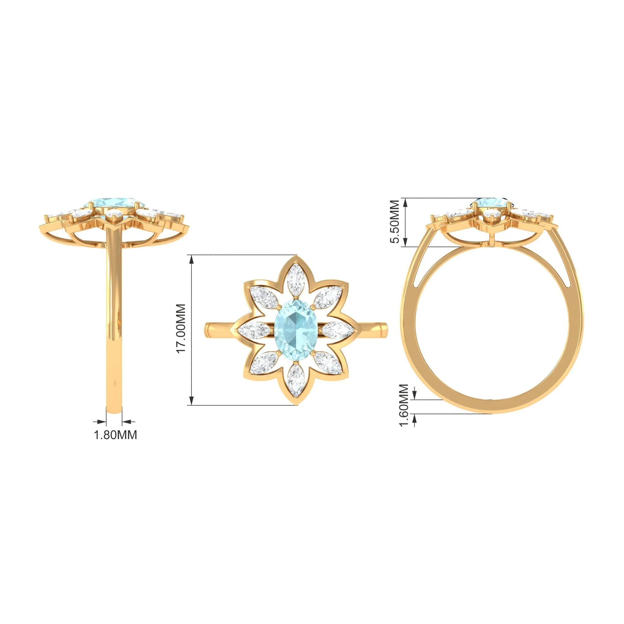 Oval Sky Blue Topaz and Moissanite Cocktail Flower Ring