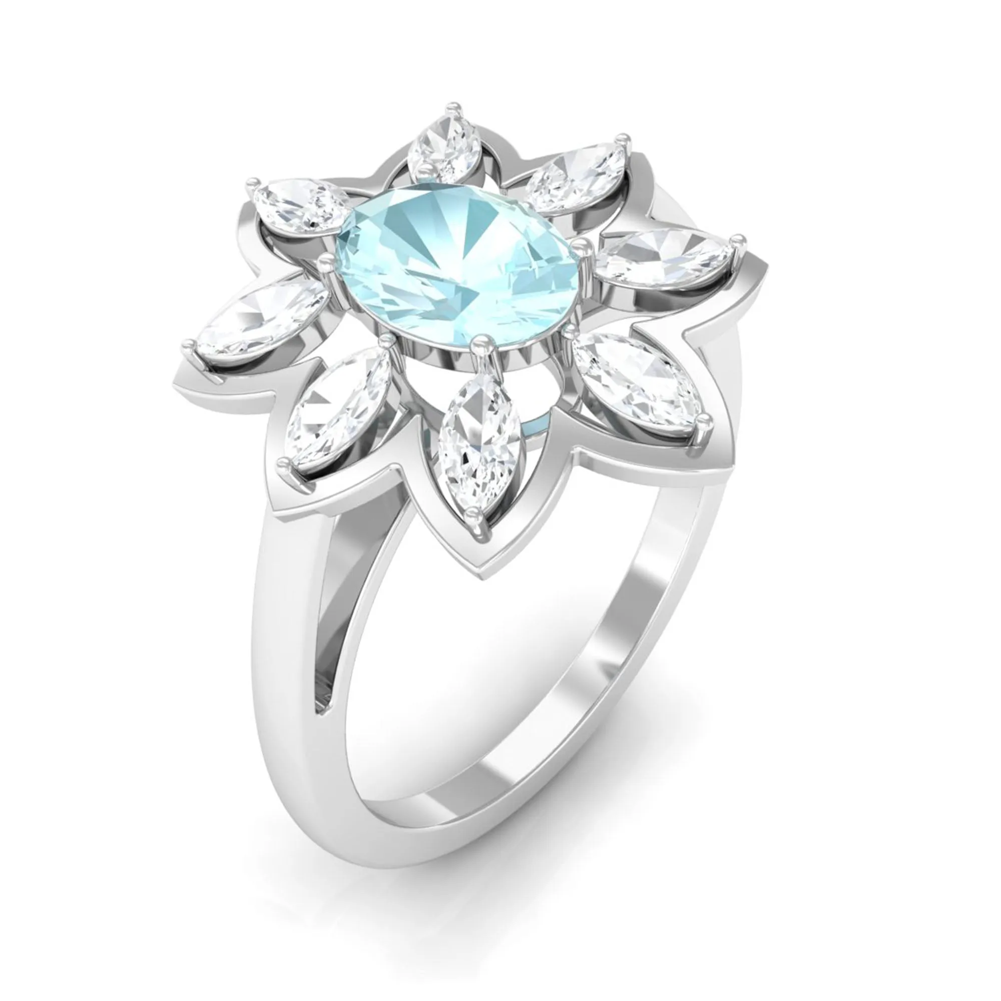 Oval Sky Blue Topaz and Moissanite Cocktail Flower Ring