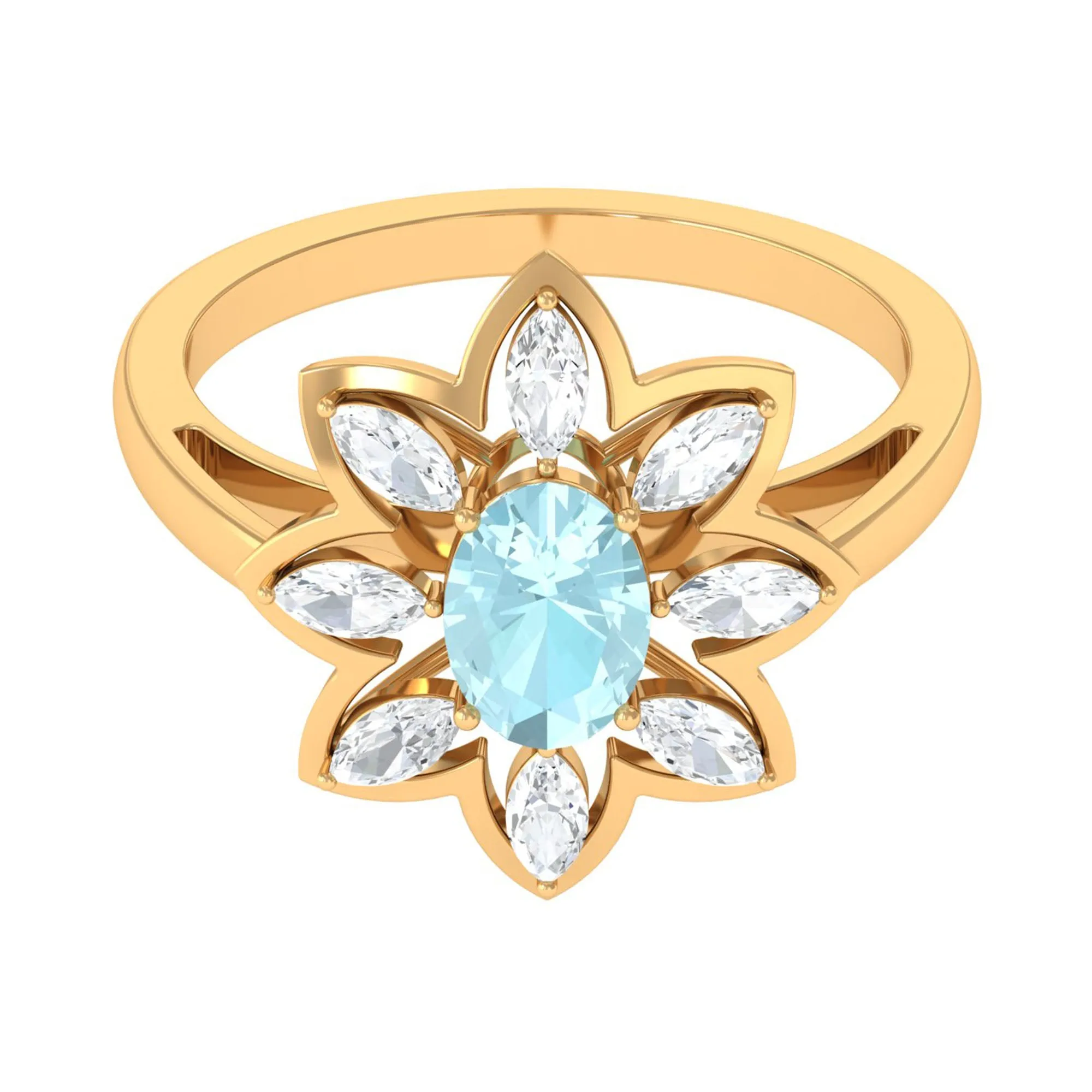 Oval Sky Blue Topaz and Moissanite Cocktail Flower Ring