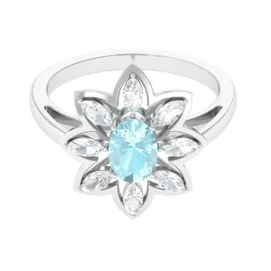 Oval Sky Blue Topaz and Moissanite Cocktail Flower Ring