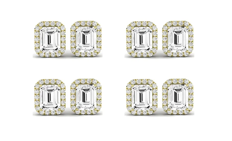 Paris jewelry 18k Yellow Gold 1Ct Emerald Cut White Sapphire Set Of Four Halo Stud Earrings Plated