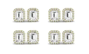 Paris jewelry 18k Yellow Gold 1Ct Emerald Cut White Sapphire Set Of Four Halo Stud Earrings Plated