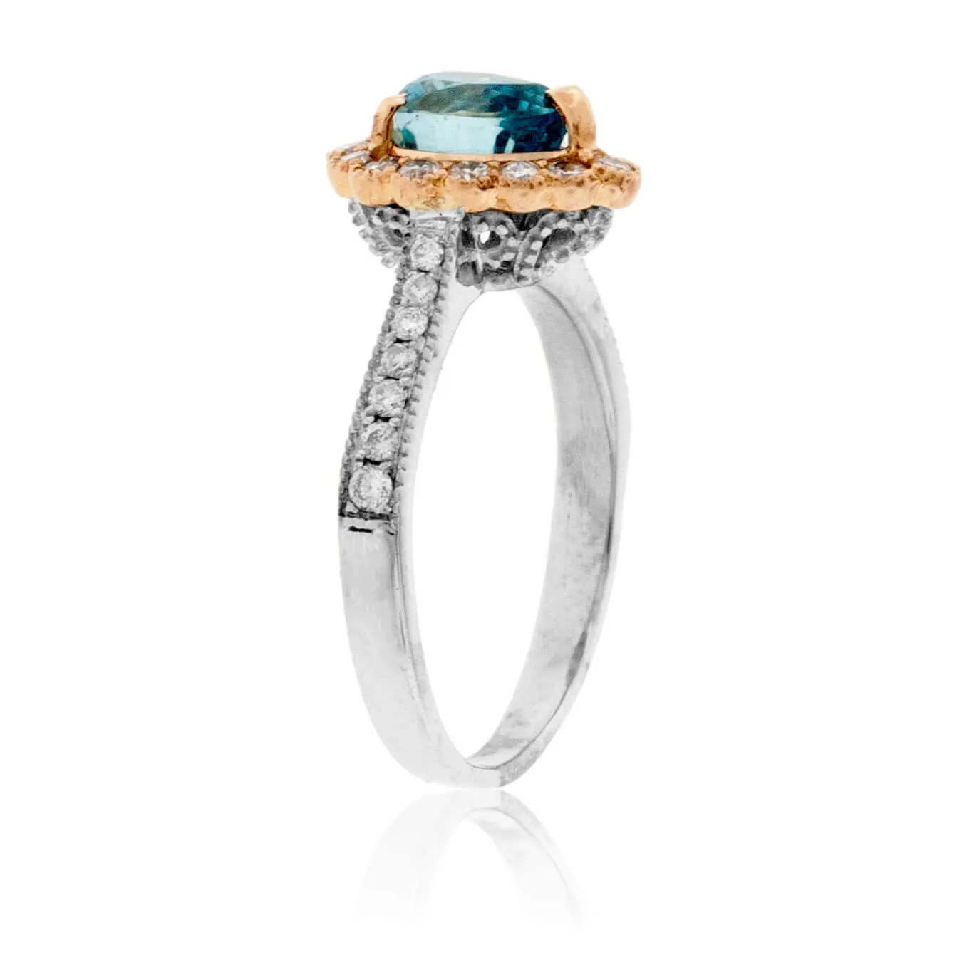 Pear Shaped Blue Zircon with Diamond Milgrain Halo Ring