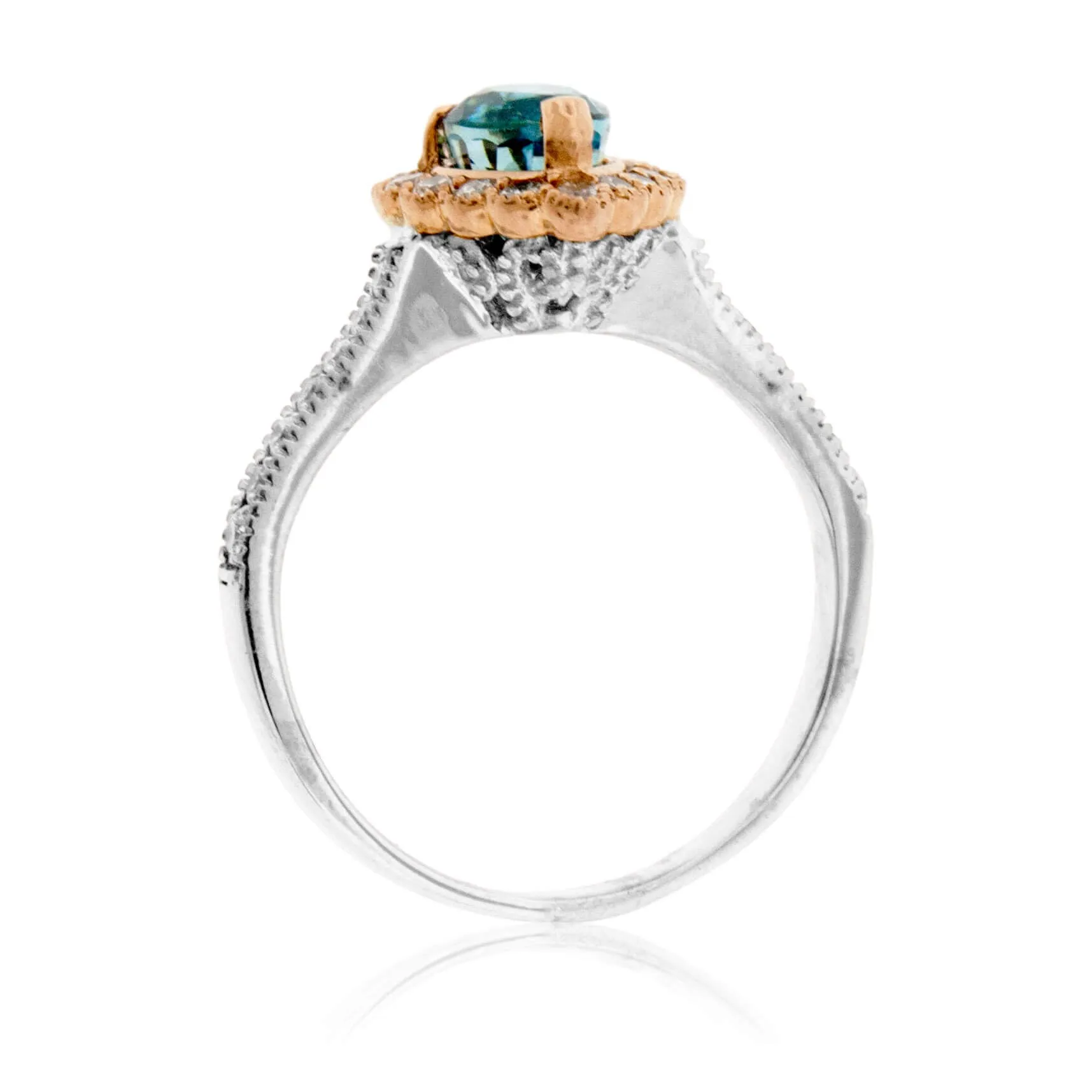 Pear Shaped Blue Zircon with Diamond Milgrain Halo Ring