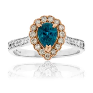 Pear Shaped Blue Zircon with Diamond Milgrain Halo Ring