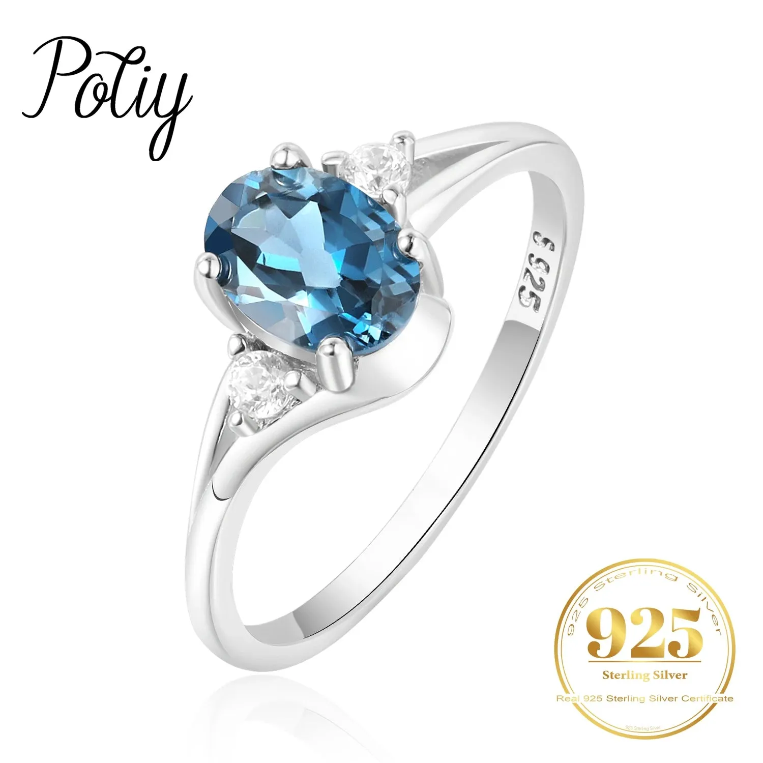 Potiy Genuine Natural Oval London Blue Topaz 925 Sterling Silver Solitaire Ring for Woman Fashion Gemstone Fine Jewelry Wedding