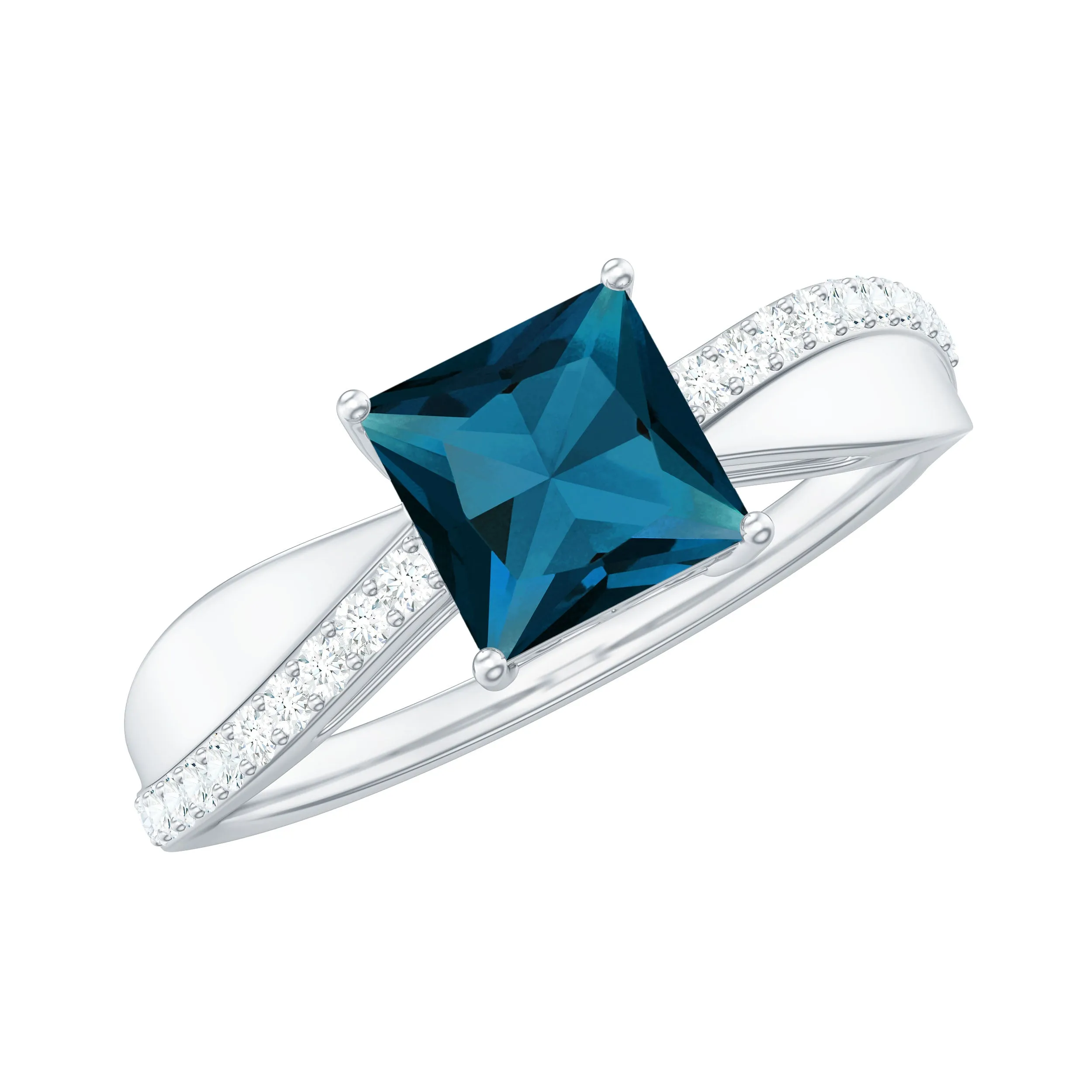 Princess Cut Real London Blue Topaz Solitaire Engagement Ring with Diamond