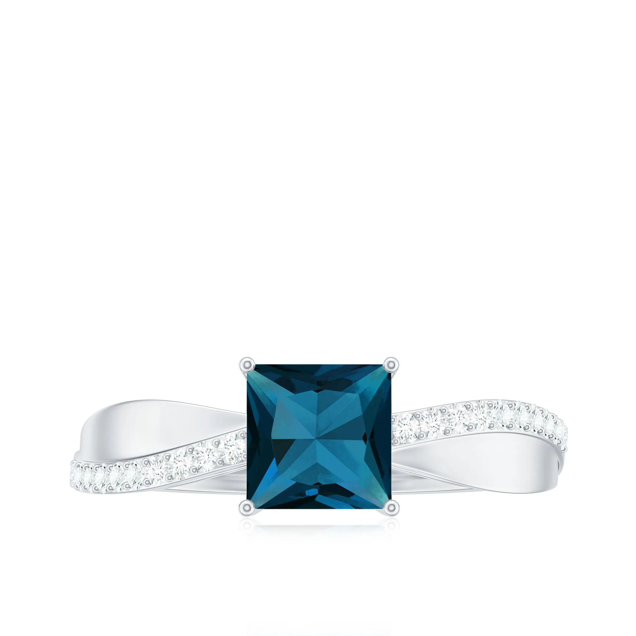 Princess Cut Real London Blue Topaz Solitaire Engagement Ring with Diamond