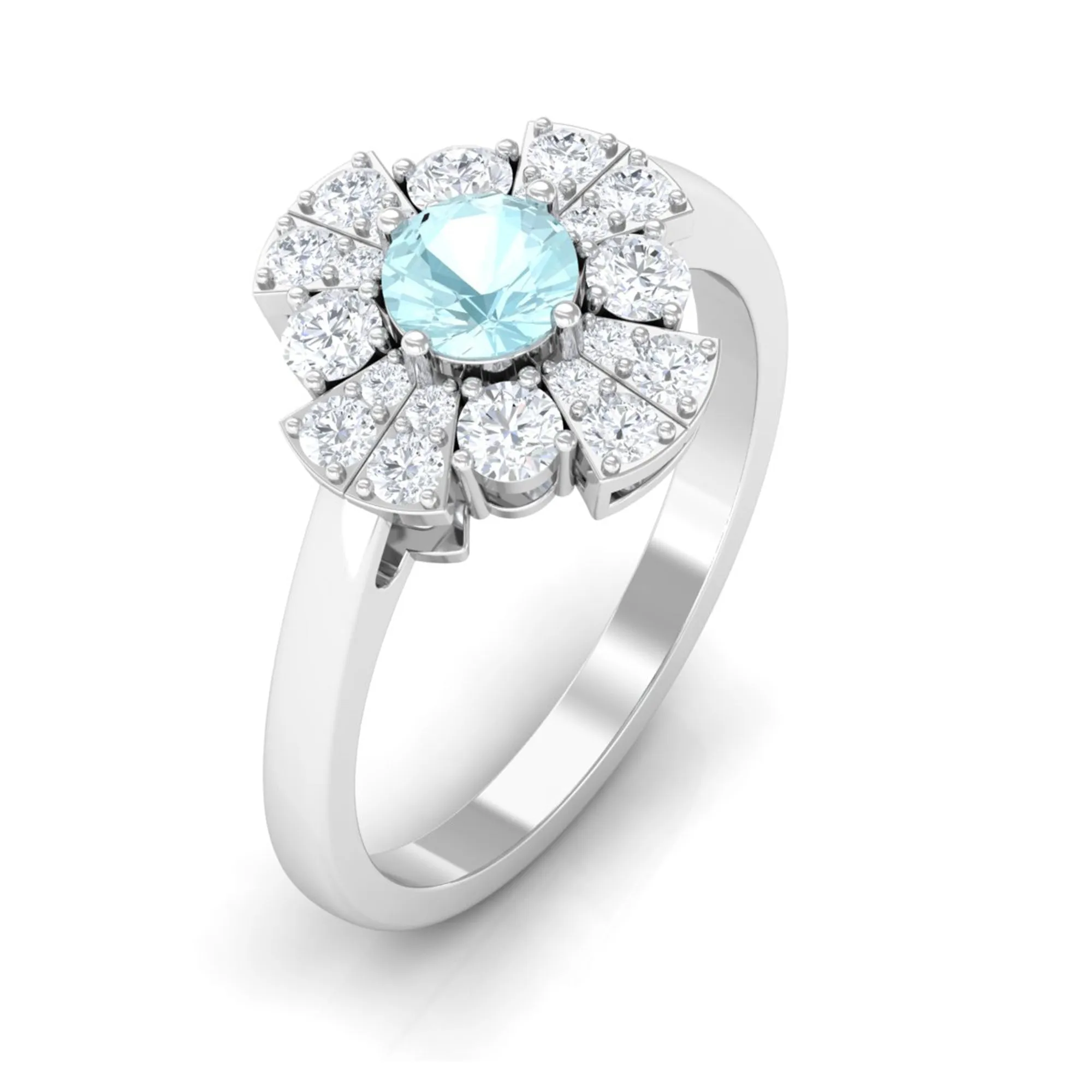 Real Sky Blue Topaz and Moissanite Flower Engagement Ring