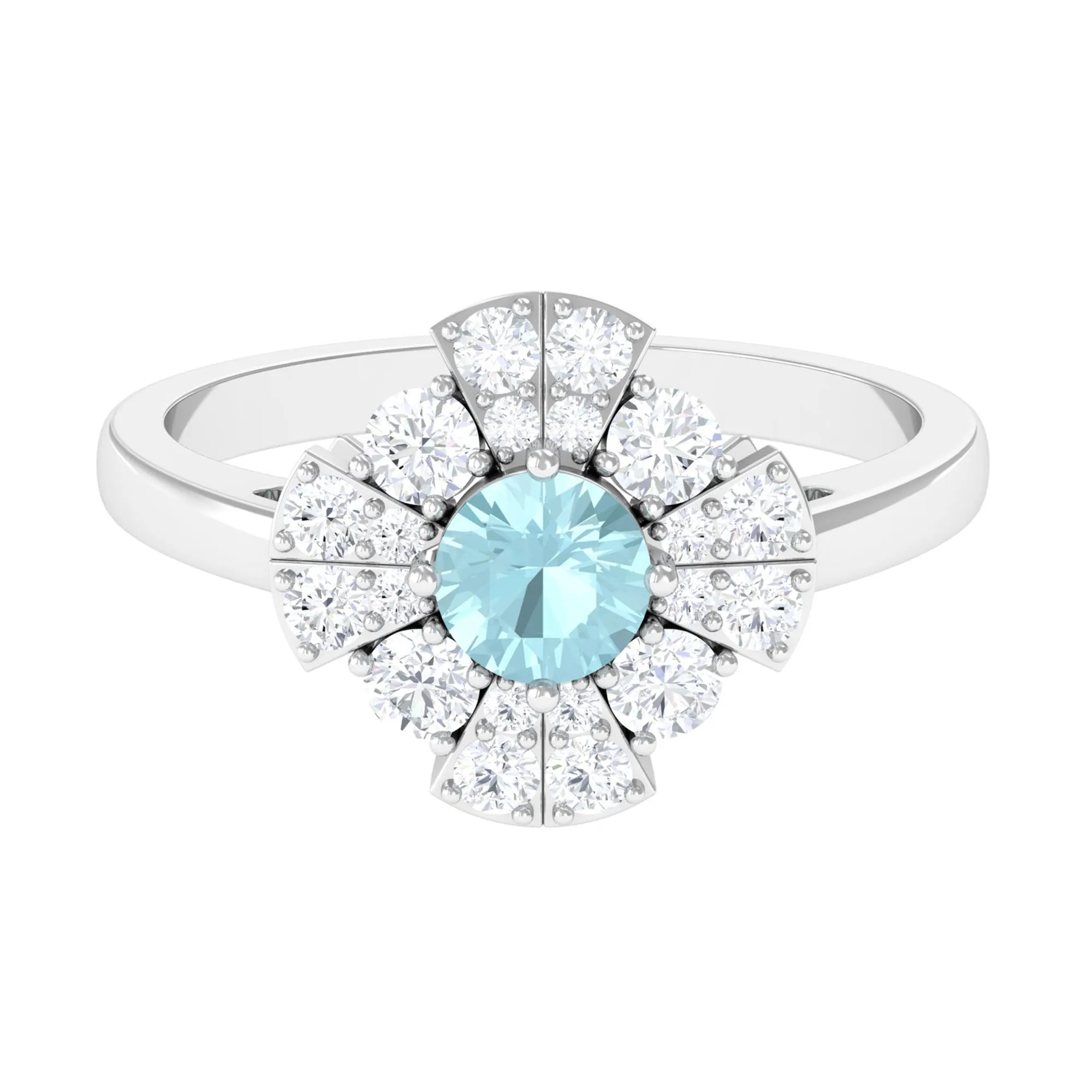 Real Sky Blue Topaz and Moissanite Flower Engagement Ring