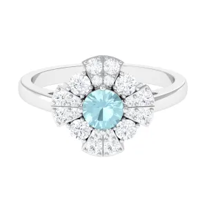 Real Sky Blue Topaz and Moissanite Flower Engagement Ring