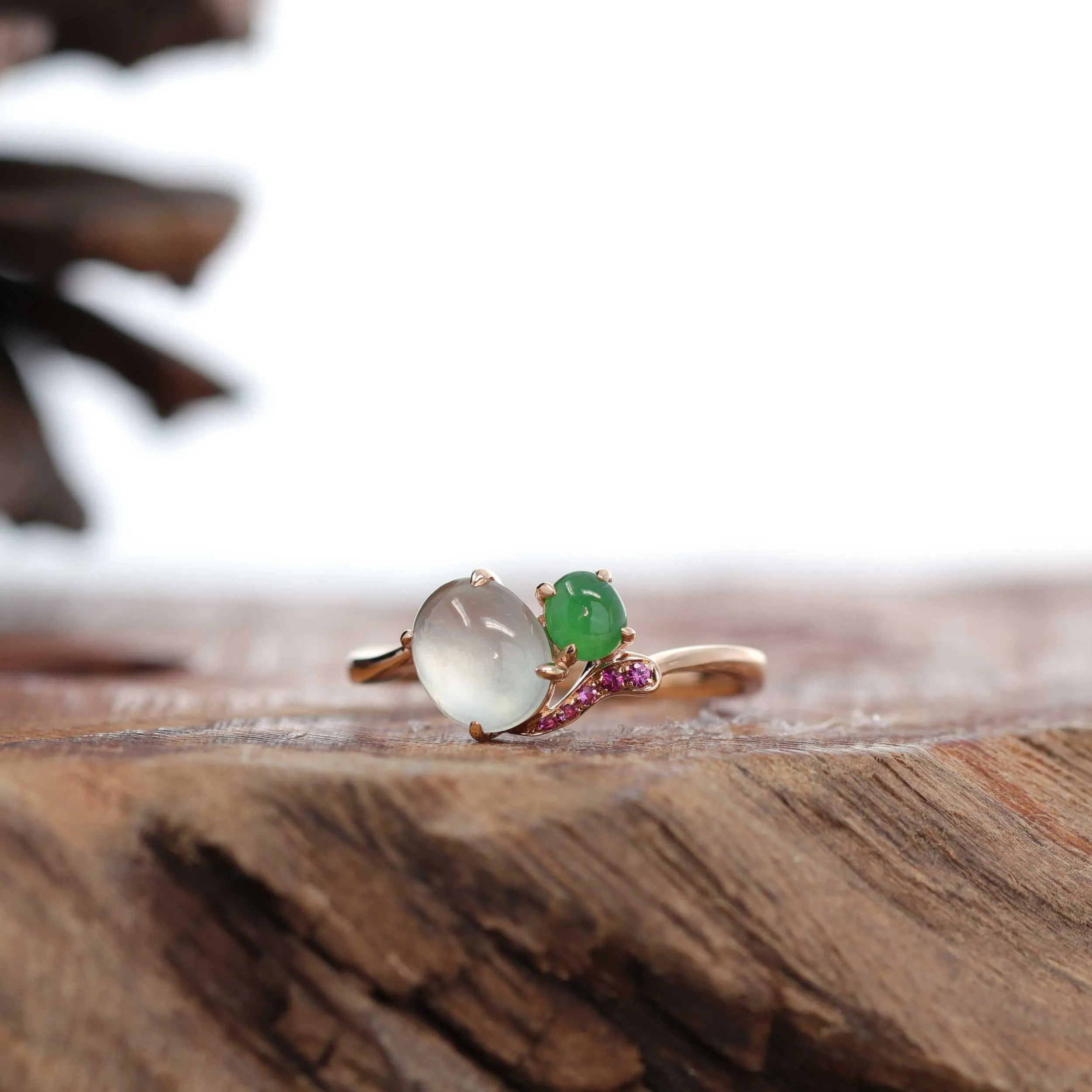 RealJade® "Elora" 18k Rose Gold Natural Ice & Imperial Jadeite Engagement Ring With Rubies & Diamonds