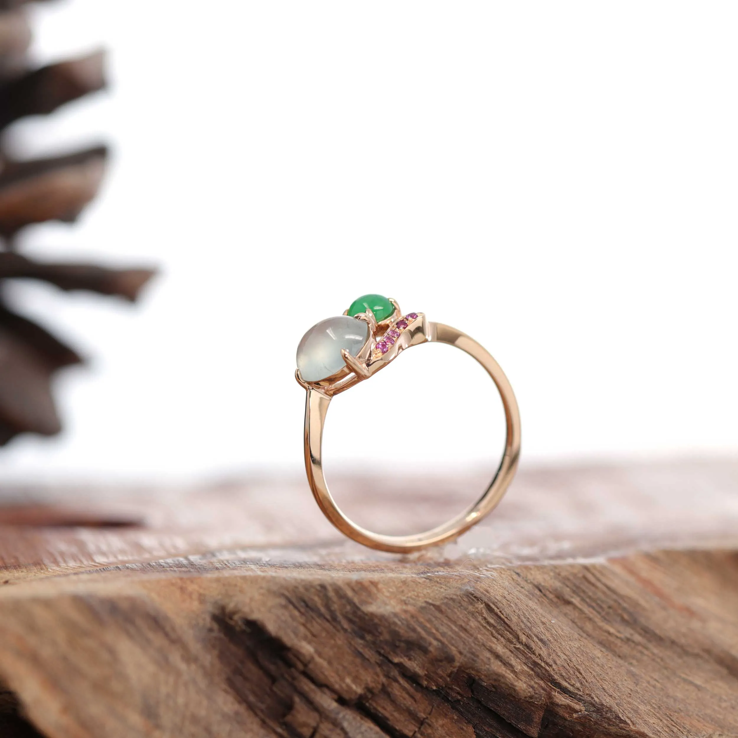 RealJade® "Elora" 18k Rose Gold Natural Ice & Imperial Jadeite Engagement Ring With Rubies & Diamonds