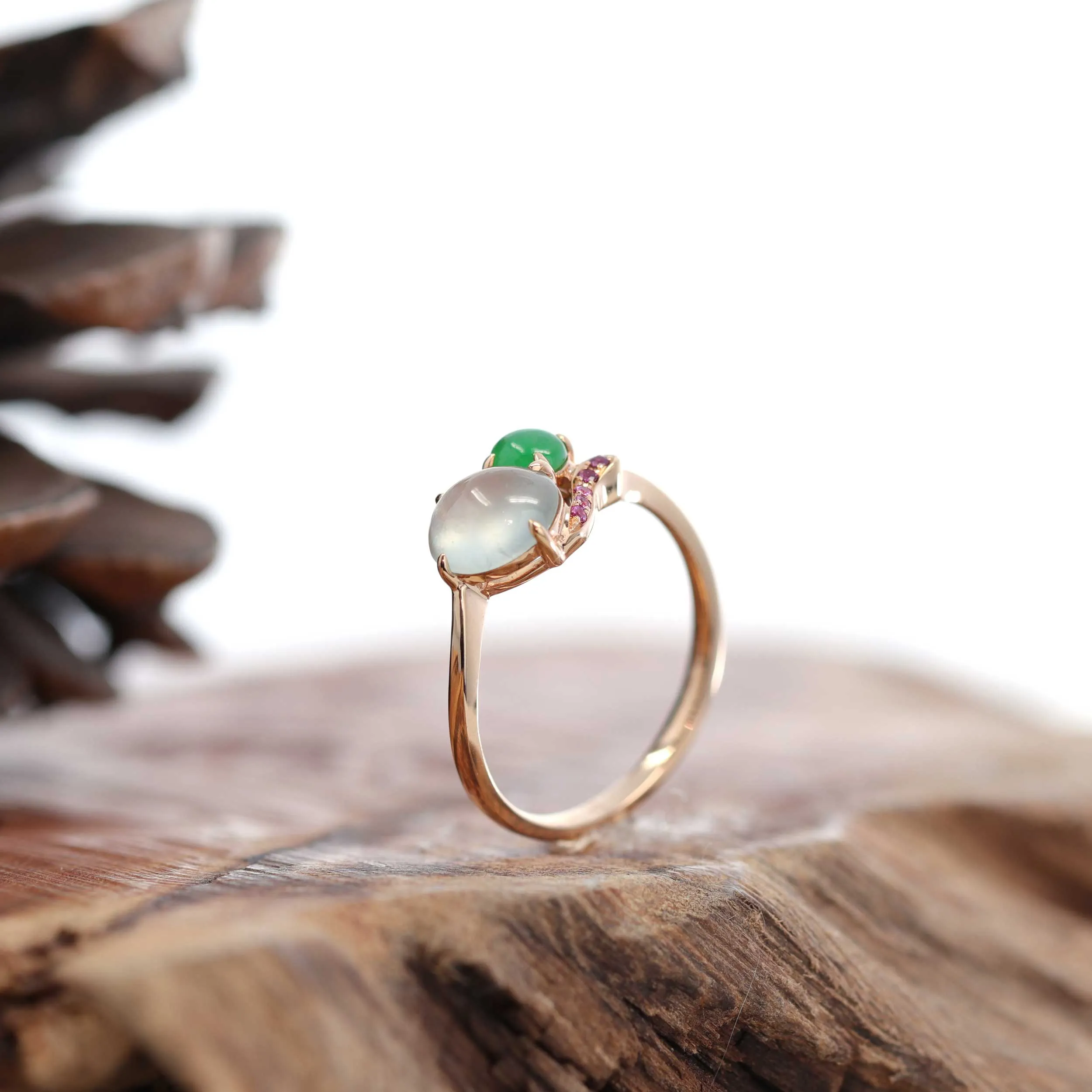 RealJade® "Elora" 18k Rose Gold Natural Ice & Imperial Jadeite Engagement Ring With Rubies & Diamonds