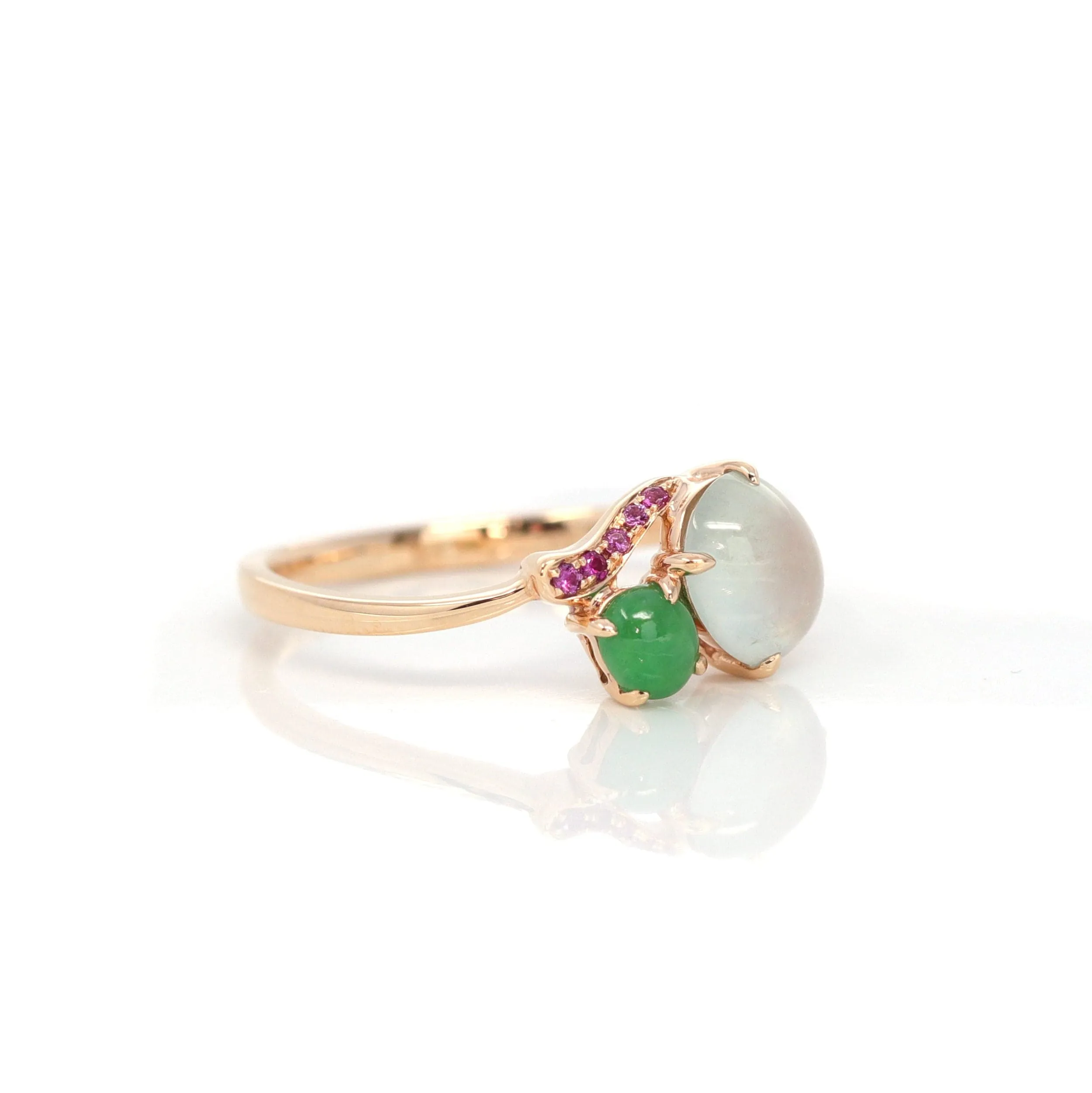 RealJade® "Elora" 18k Rose Gold Natural Ice & Imperial Jadeite Engagement Ring With Rubies & Diamonds