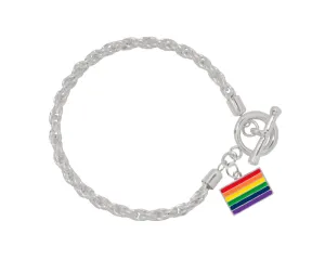 Rectangle Rainbow Gay Pride Flag Charm Silver Rope Bracelets