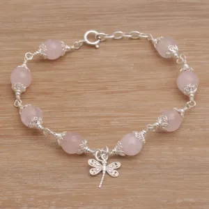 Rose Quartz Bead Charm Bracelet Sterling Silver Dragonfly - Moonlight Dragonfly in Rose | NOVICA