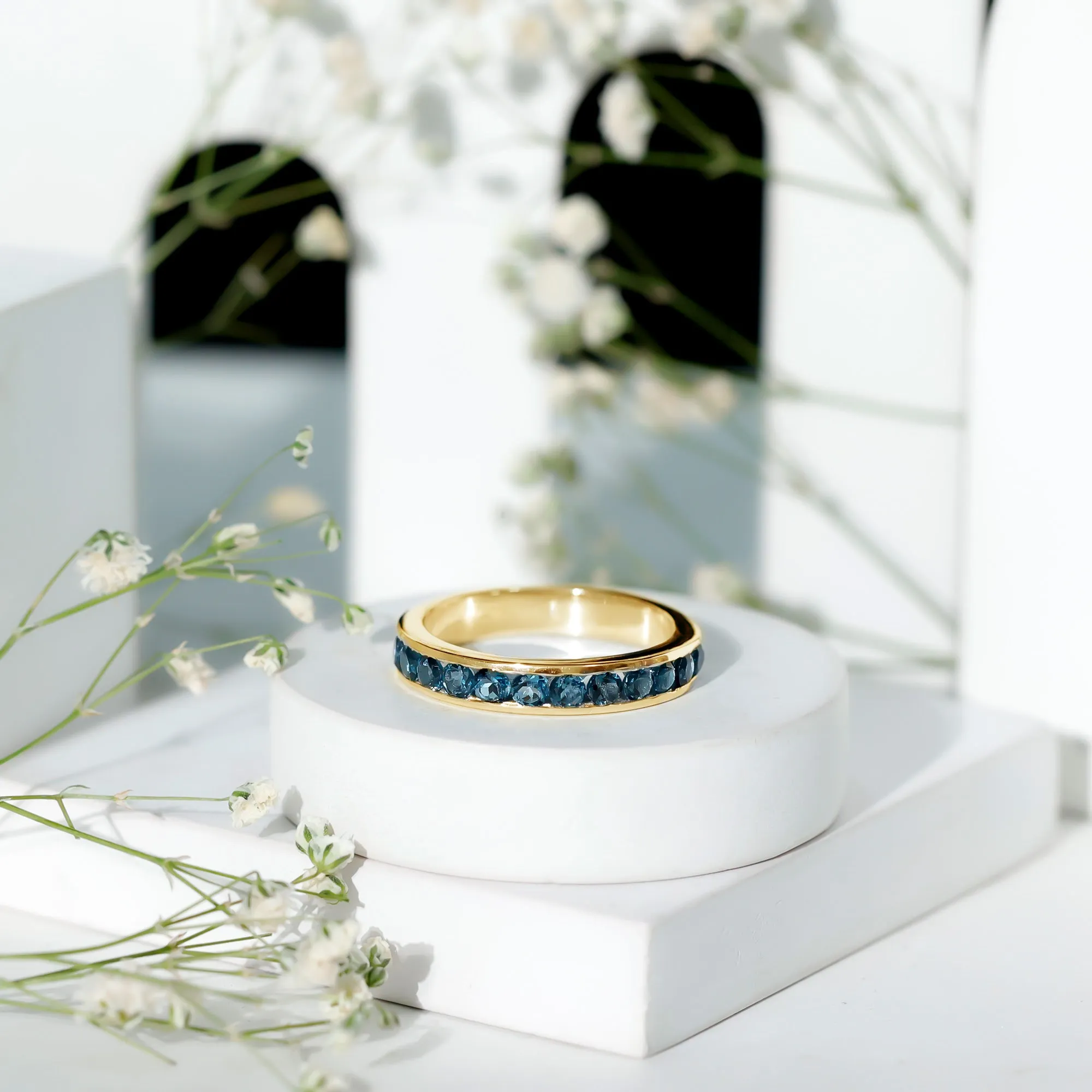 Simple London Blue Topaz Semi Eternity Band Ring