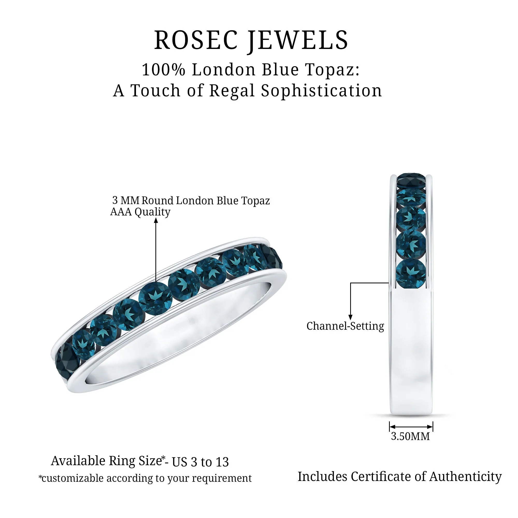 Simple London Blue Topaz Semi Eternity Band Ring