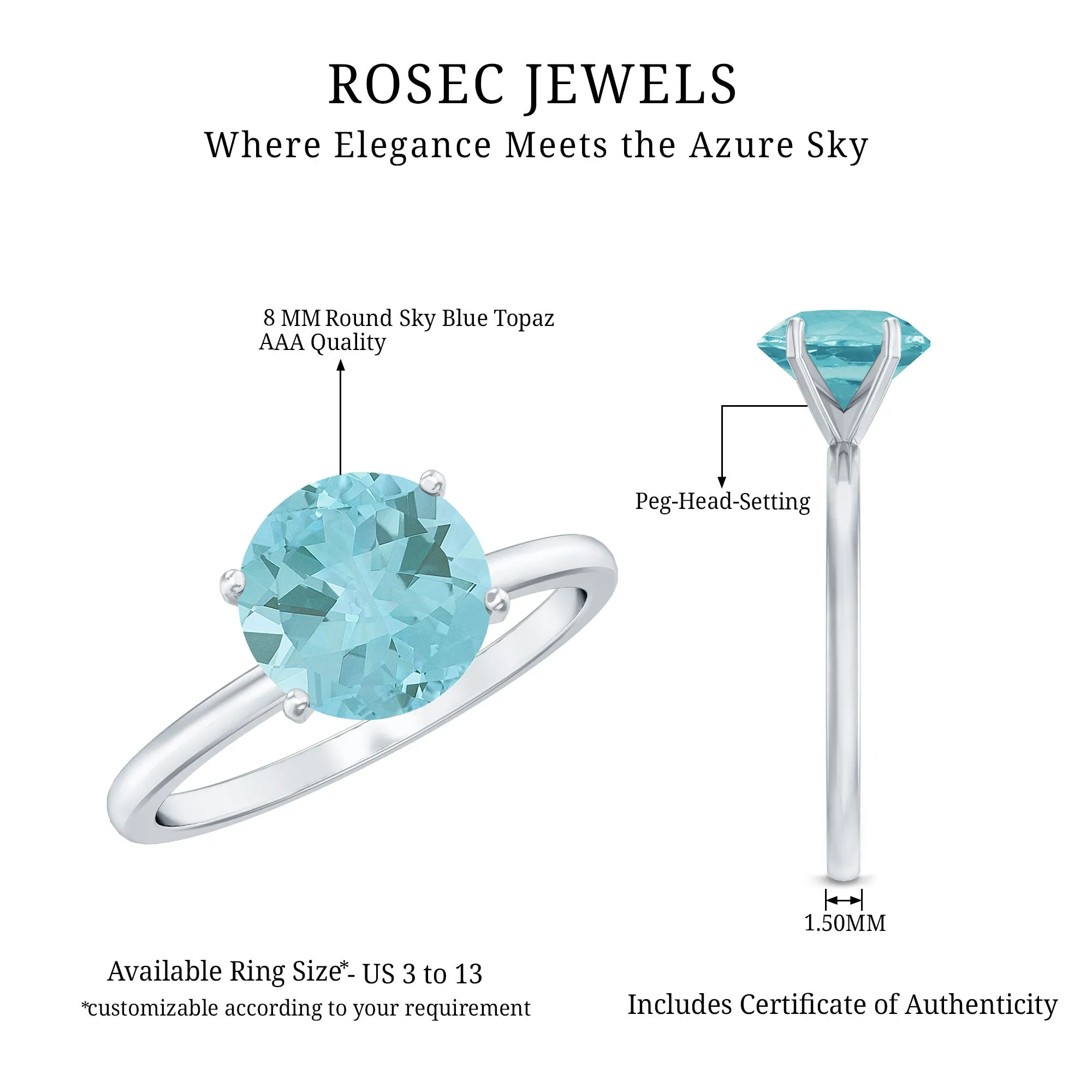 Simple Round Sky Blue Topaz Solitaire Ring