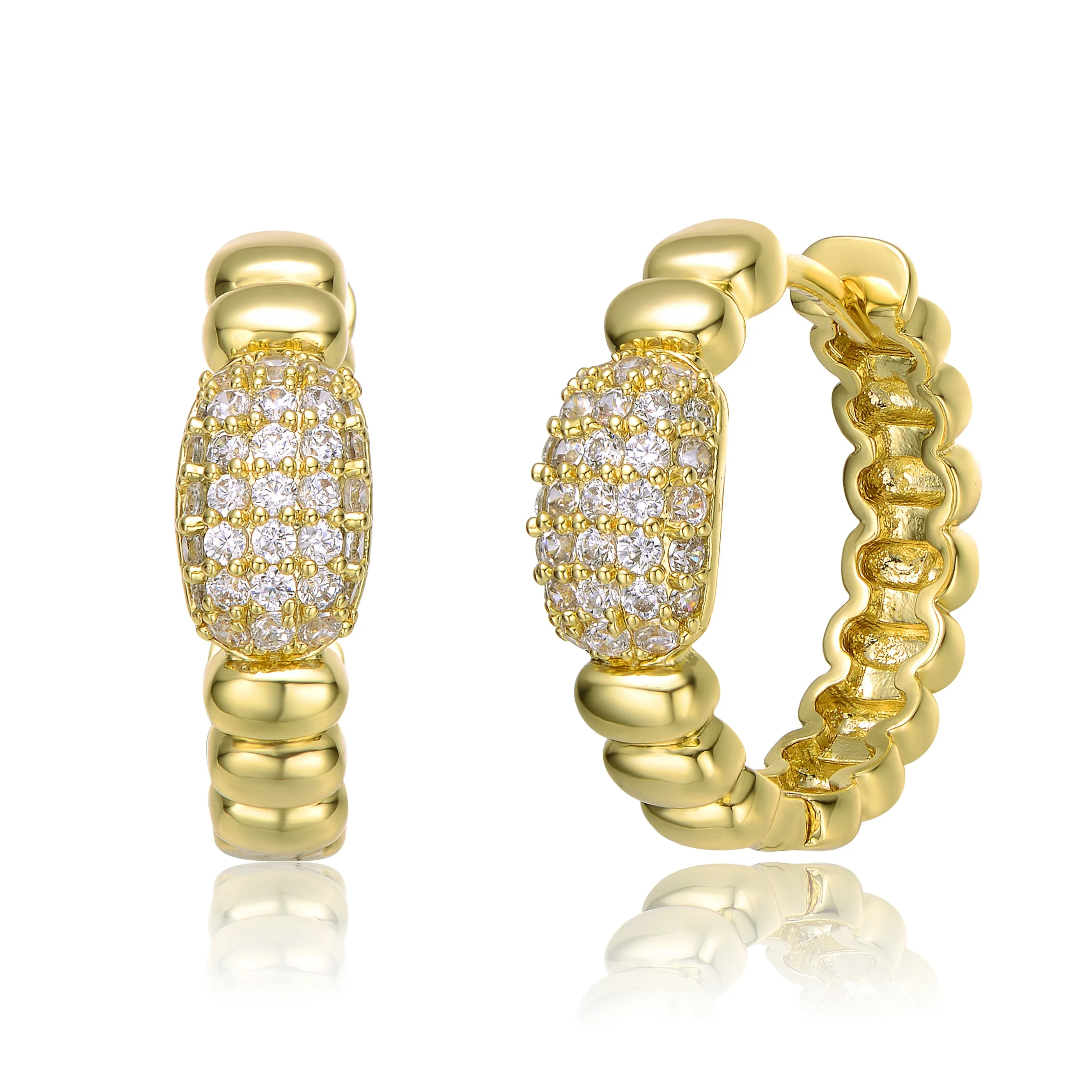 Sterling Silver 14k Yellow Gold Plated with Cubic Zirconia Scalloped Huggie Hoop Earrings