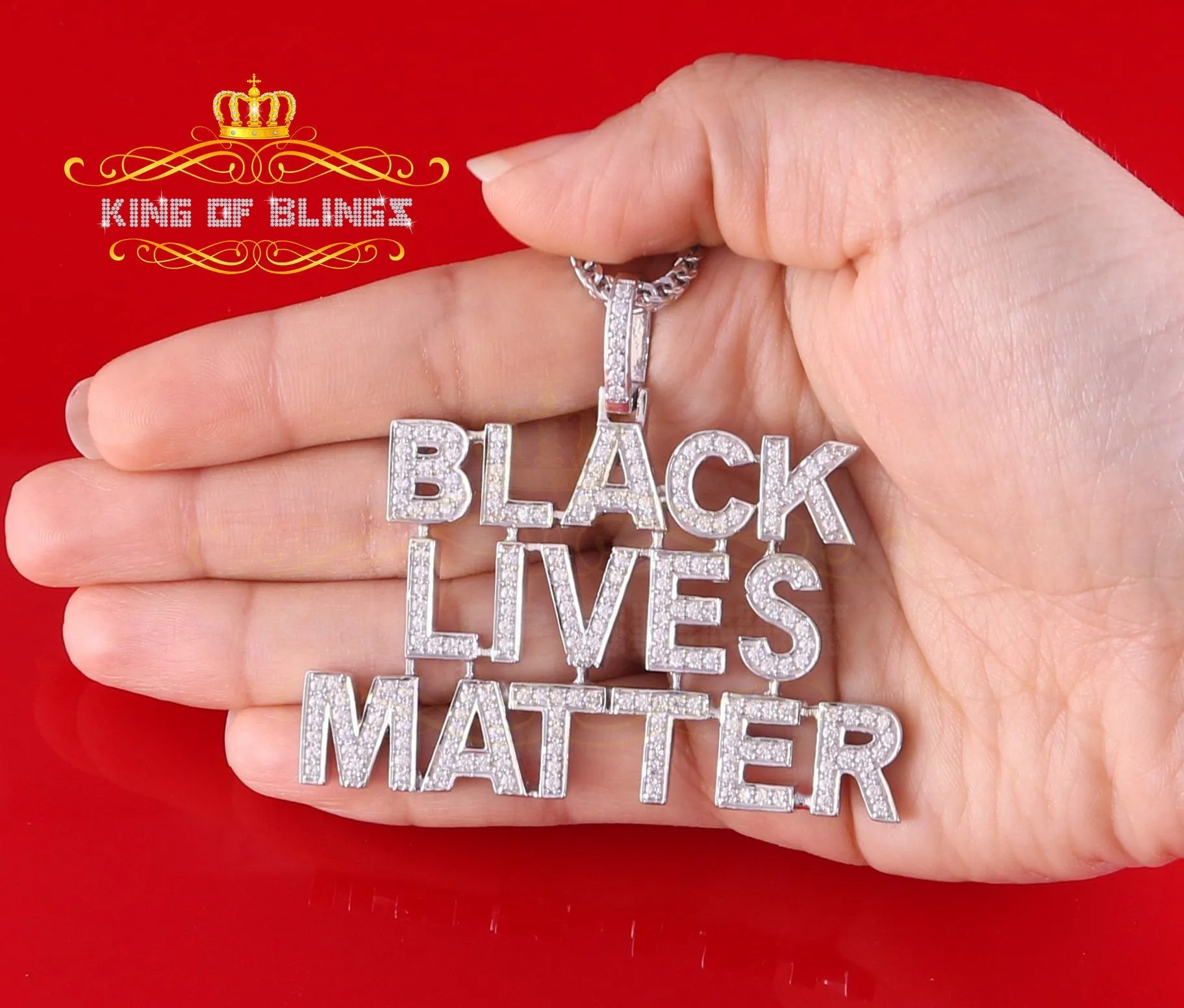 Sterling Silver BLACK LIVES MATTER Sign Pendant White 6.37ct Cubic Zirconia