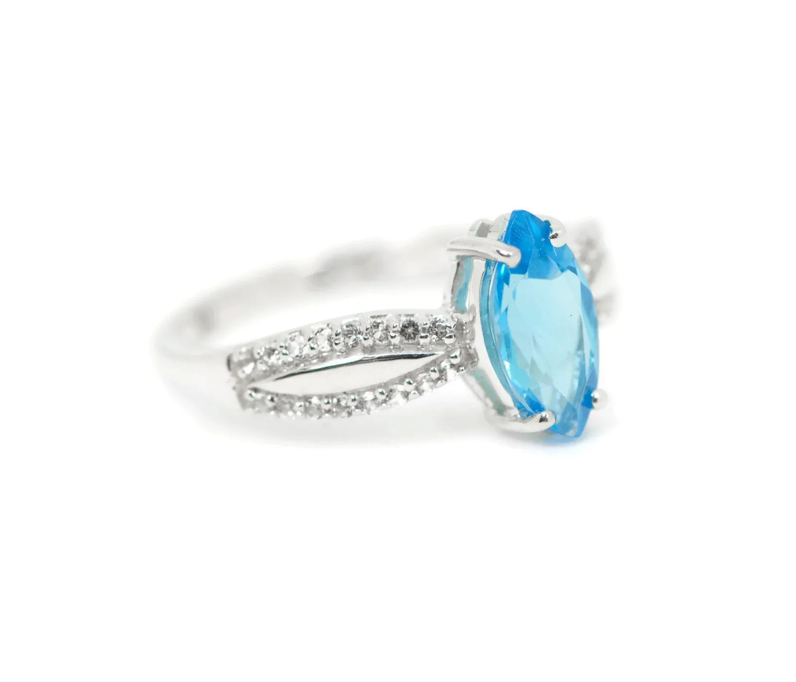 Sterling Silver Genuine Swiss Blue Topaz Marquise & White Topaz Ring