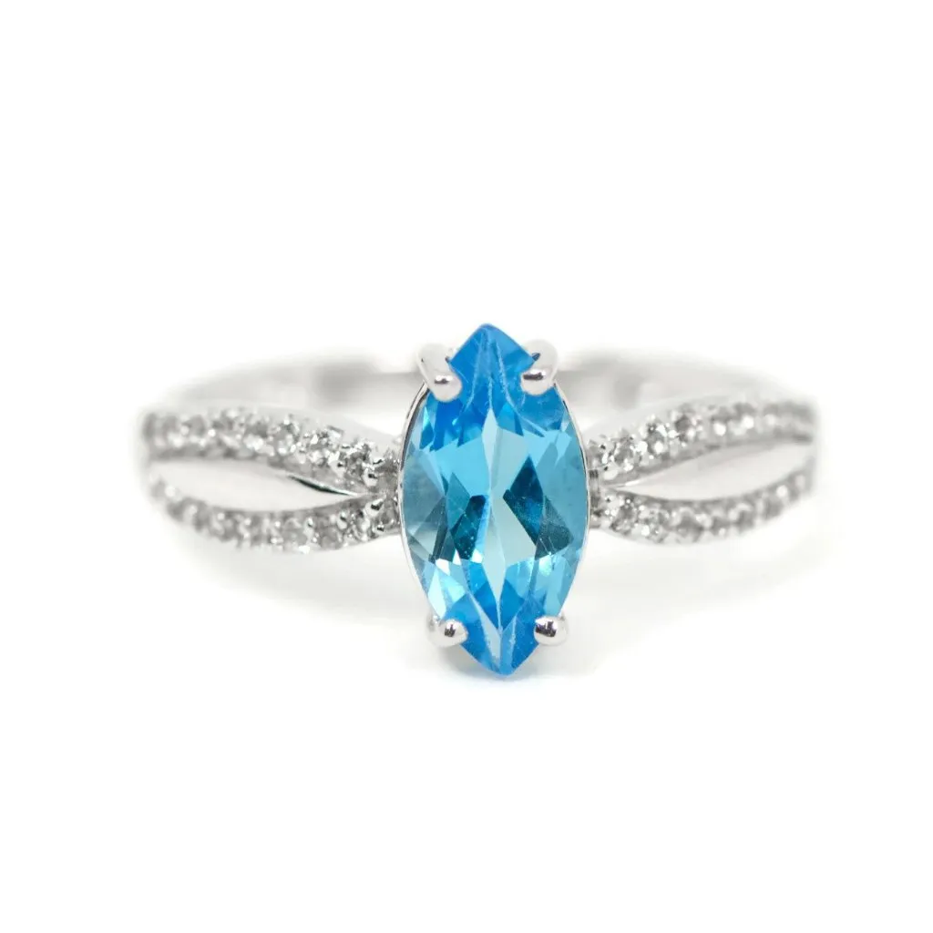 Sterling Silver Genuine Swiss Blue Topaz Marquise & White Topaz Ring