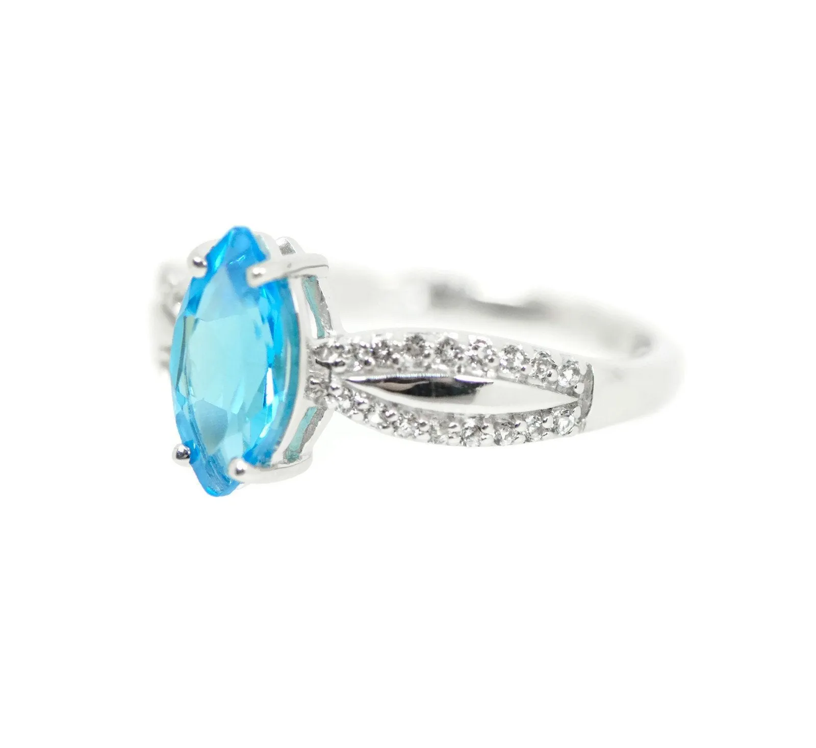 Sterling Silver Genuine Swiss Blue Topaz Marquise & White Topaz Ring