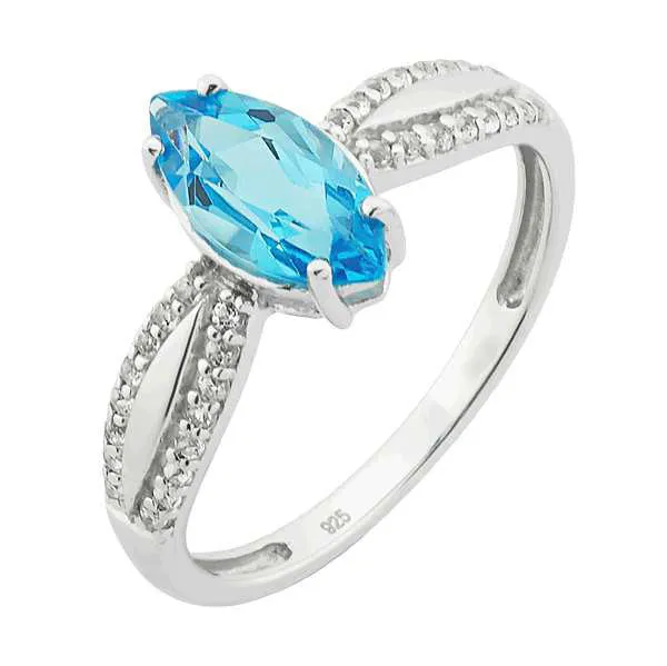 Sterling Silver Genuine Swiss Blue Topaz Marquise & White Topaz Ring