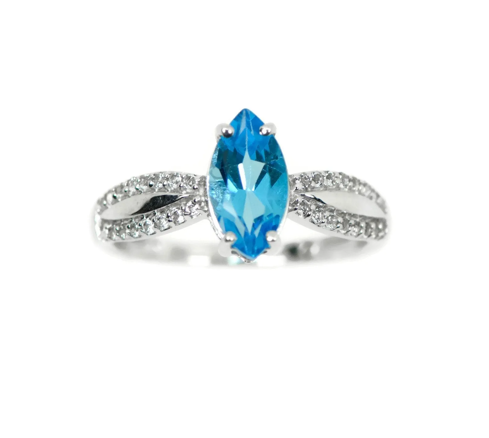 Sterling Silver Genuine Swiss Blue Topaz Marquise & White Topaz Ring