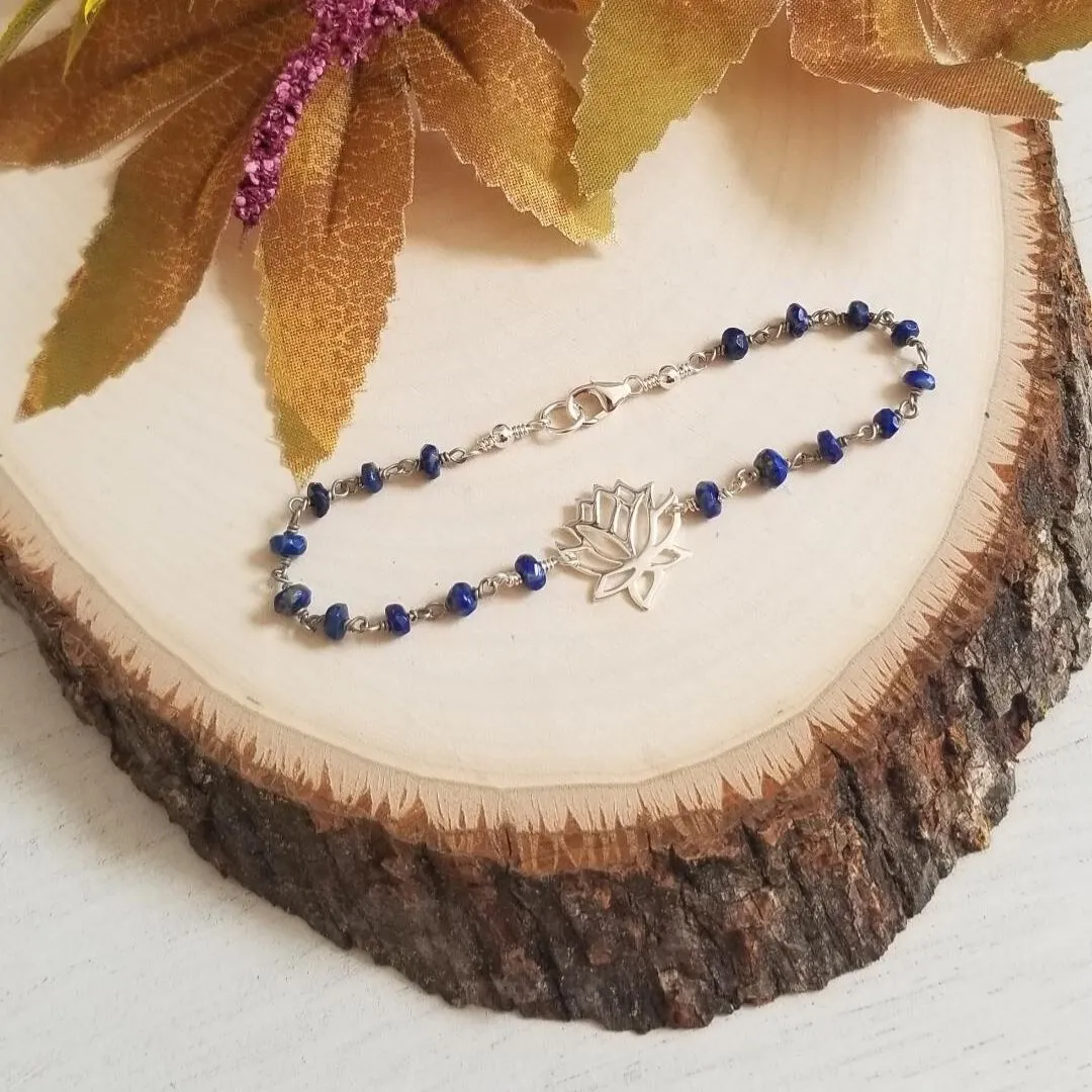 Sterling Silver Lotus Flower Beaded Bracelet, Lapis Lazuli or Emerald