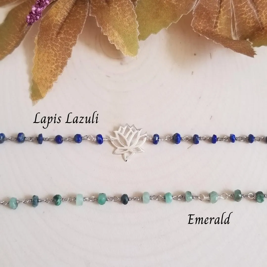 Sterling Silver Lotus Flower Beaded Bracelet, Lapis Lazuli or Emerald